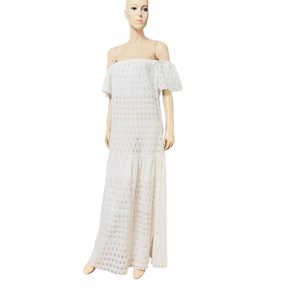 Natural Rough Cotton Off-white Eyelet Maxi Dress Size Fit L Slit on Both Sides - Picture 1 of 15